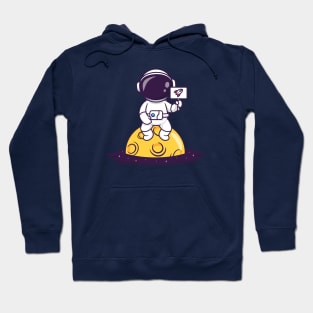 Cute Astronaut Sitting On Moon With Rocket Sign Cartoon Hoodie